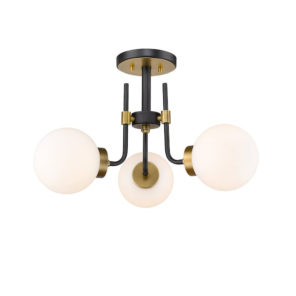Z-Lite Parsons 3 Light Semi Flush Mount, Matte Black, Olde Brass & Opal 477-3SF-MB-OBR - main